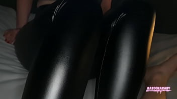 Footjob in Shiny Leather Pants After Taking Off My Hot Leather Heels